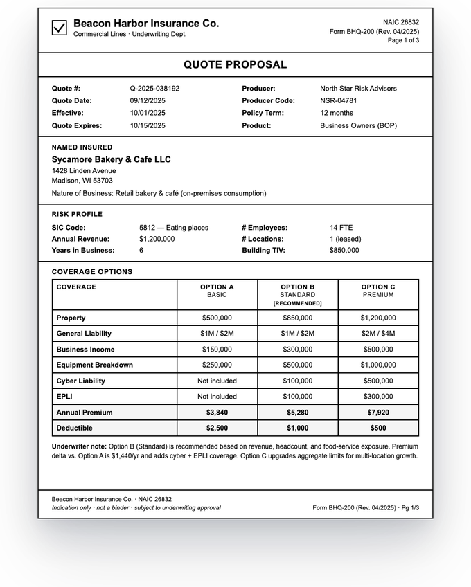 Insurance quote — sample extracted by Sensible