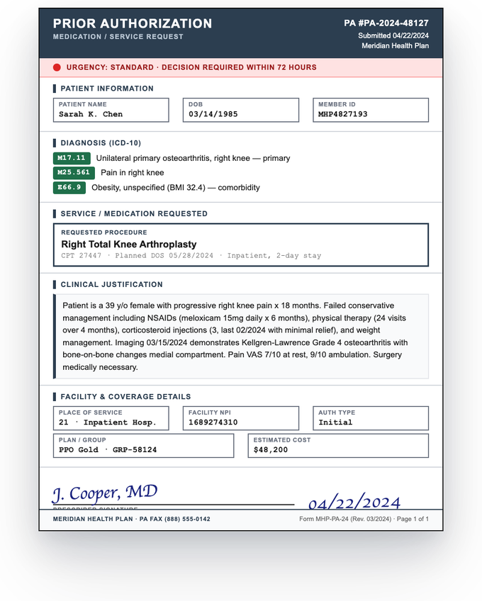 Prior authorization form — sample extracted by Sensible