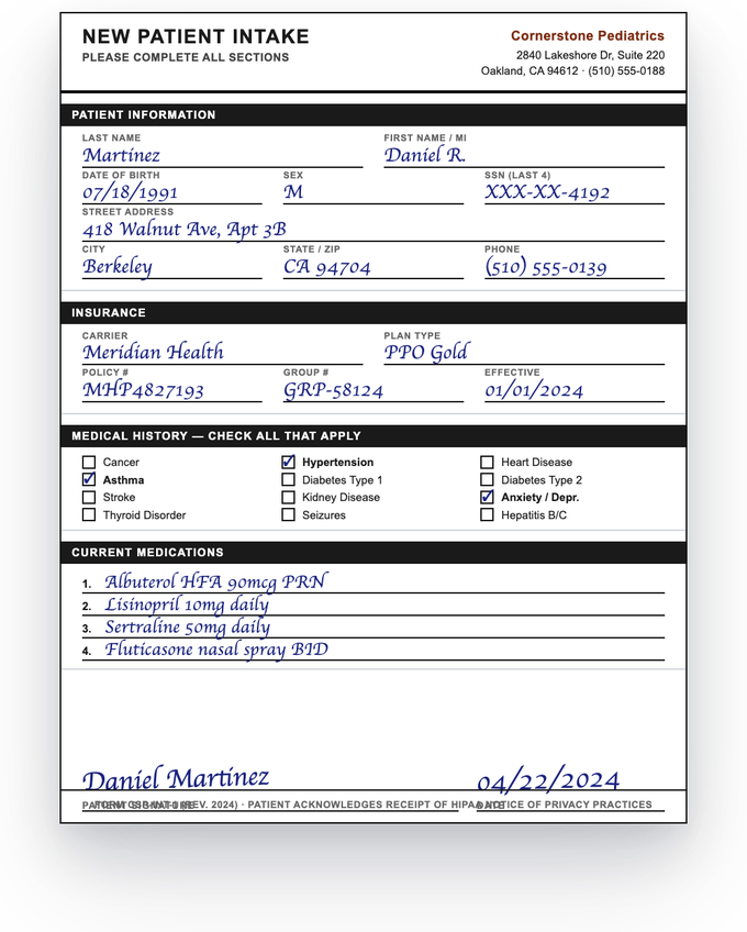 Patient intake form — sample extracted by Sensible