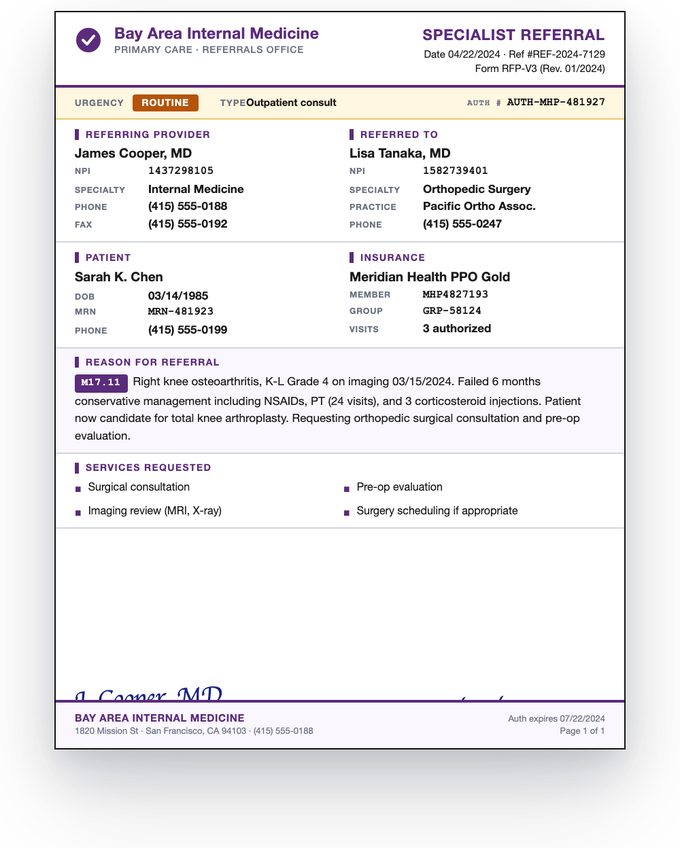 Medical referral document — sample extracted by Sensible