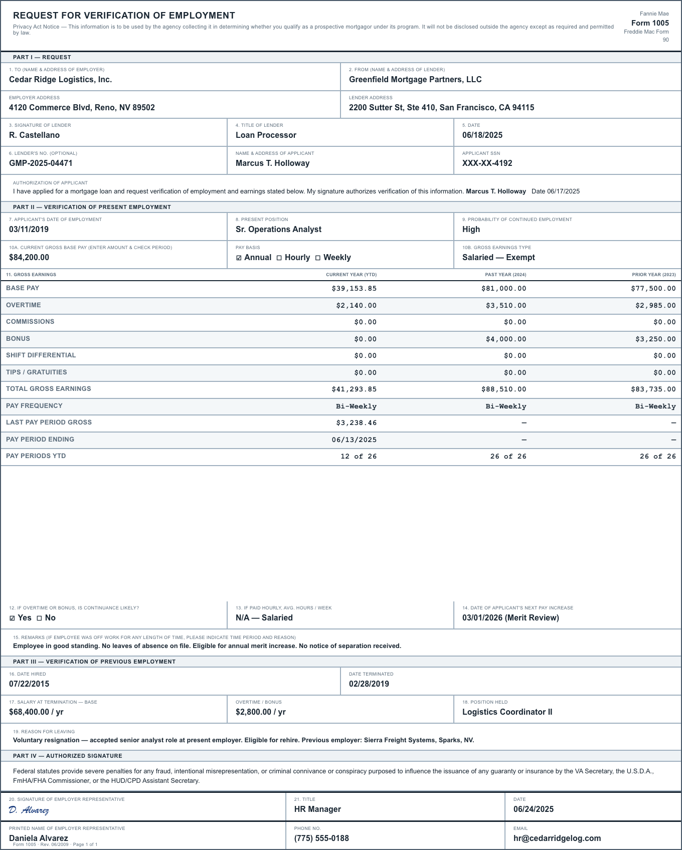 Verification of employment form — sample extracted by Sensible