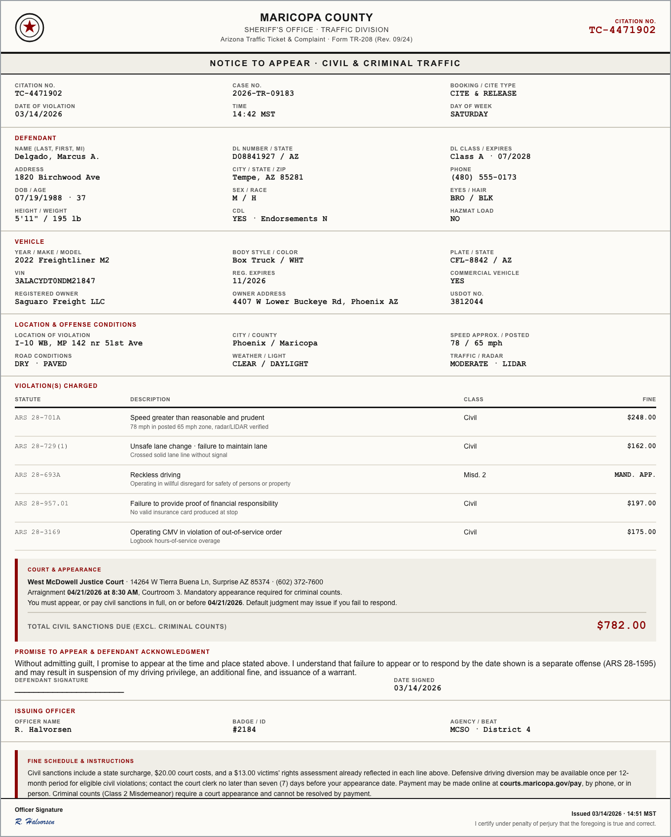 Traffic citation — sample extracted by Sensible