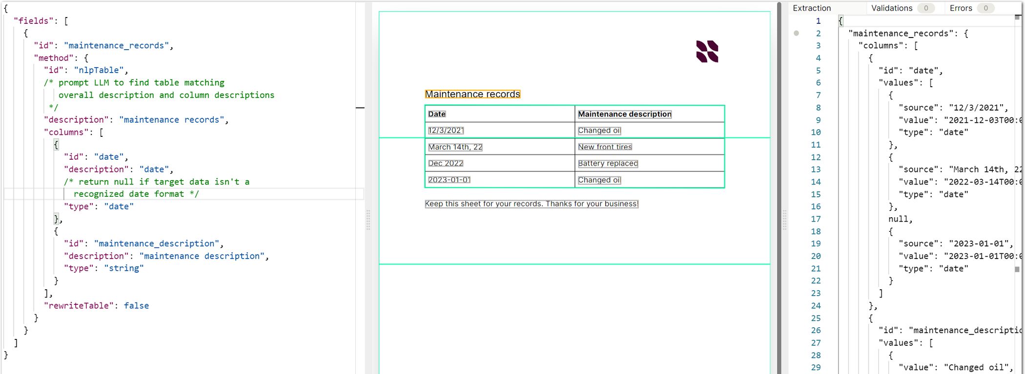 The Sensible editor: SenseML configuration on the left, the source document with highlighted values in the middle, and the extracted data on the right