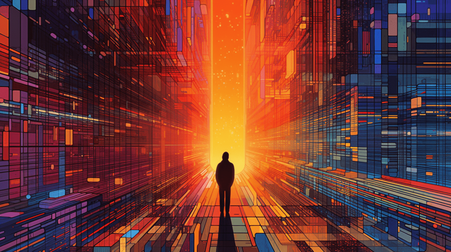figure looking down a digital hallway with vibrant colors