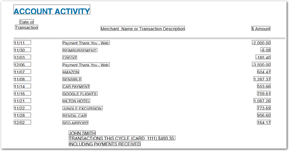 Bank statement with transaction data