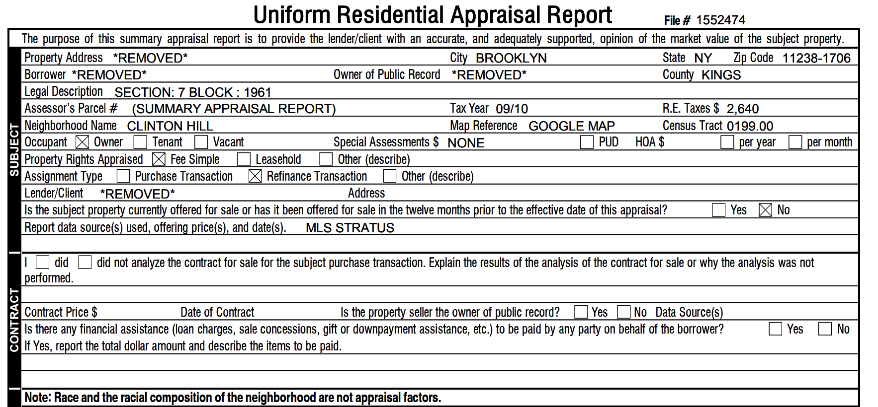 Uniform Residential Appraisal Report (Form 1004) sample PDF with redacted borrower, property address, and lender data