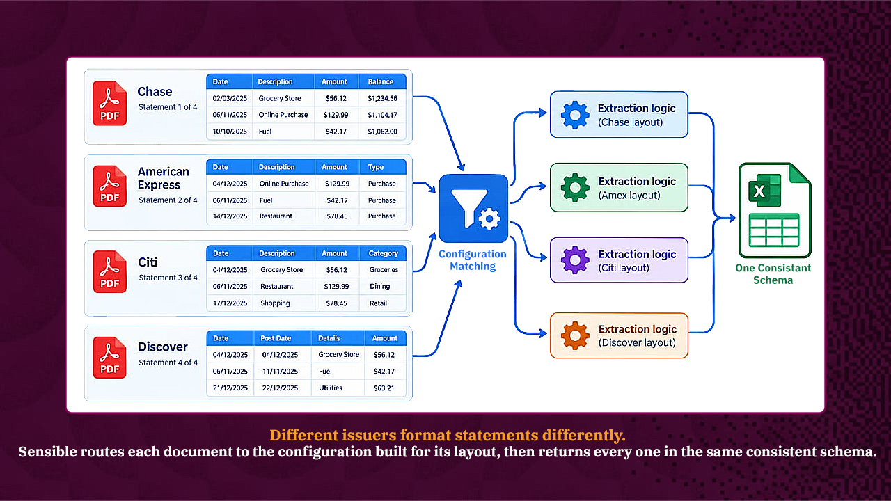 Infographic showing different bank statement layouts routed through configuration matching and issuer-specific extraction logic to produce one consistent Excel schema.