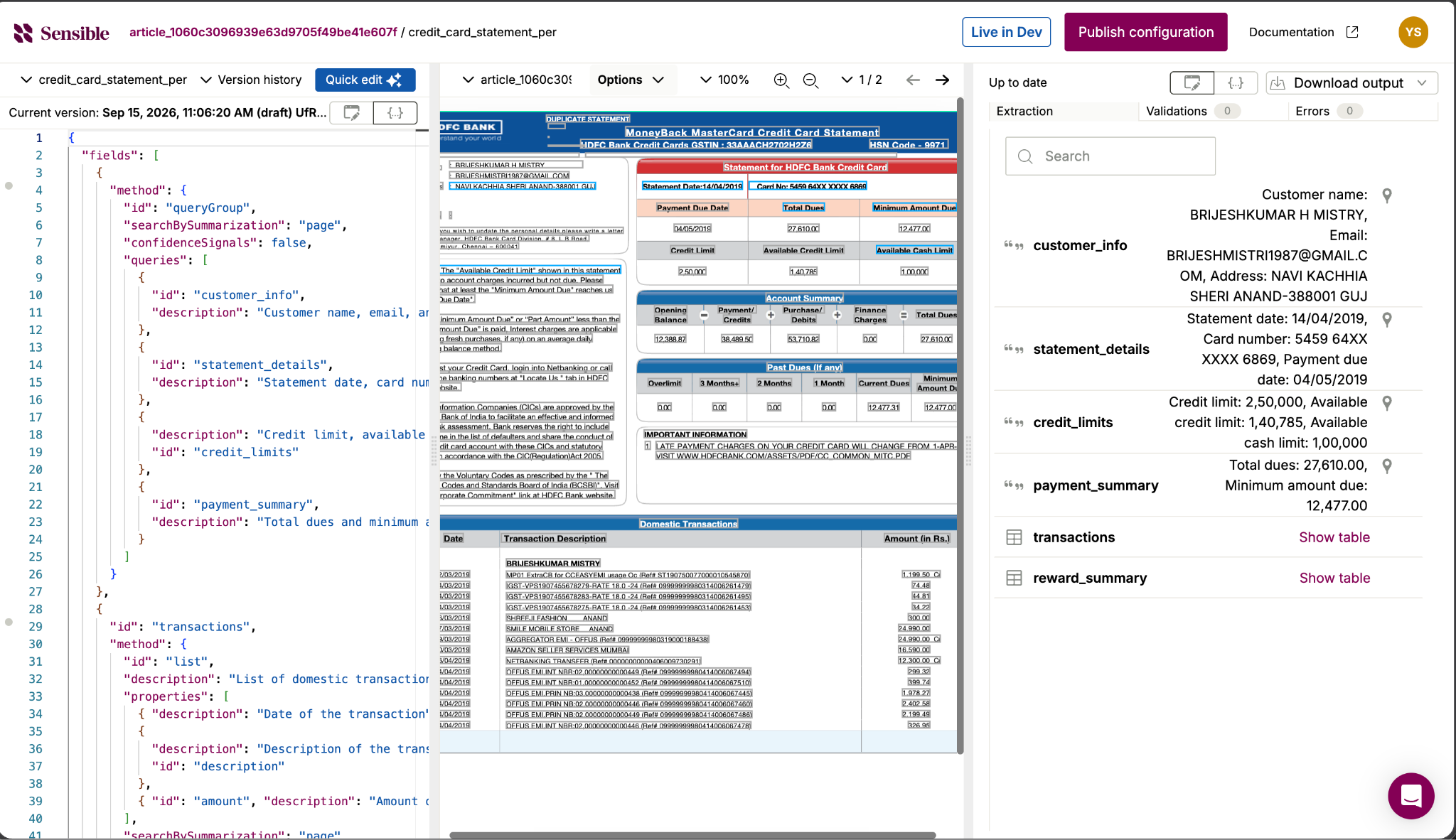 Screenshot of the Sensible platform interface showing a credit card statement configuration with extracted fields like customer info, statement details, and transactions alongside the source PDF