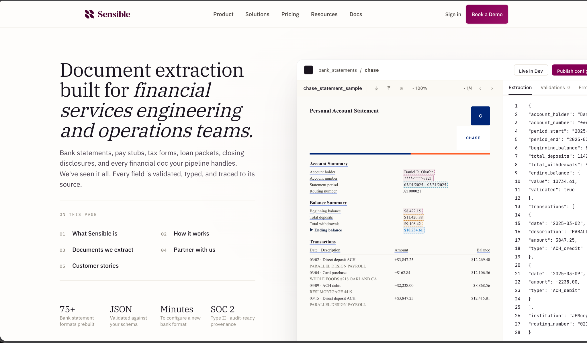 Sensible homepage hero for financial document extraction, with a Chase bank statement beside its extracted JSON output