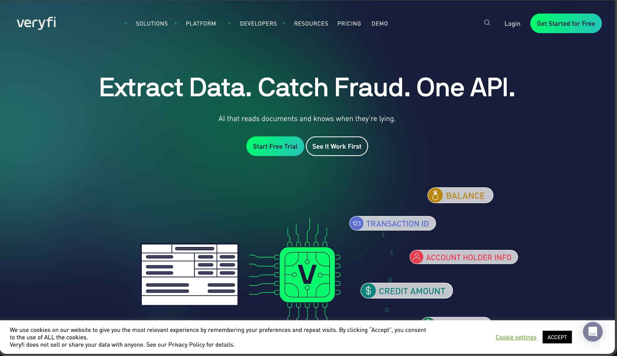 Veryfi homepage hero reading Extract Data. Catch Fraud. One API., with a chip graphic extracting bank statement fields
