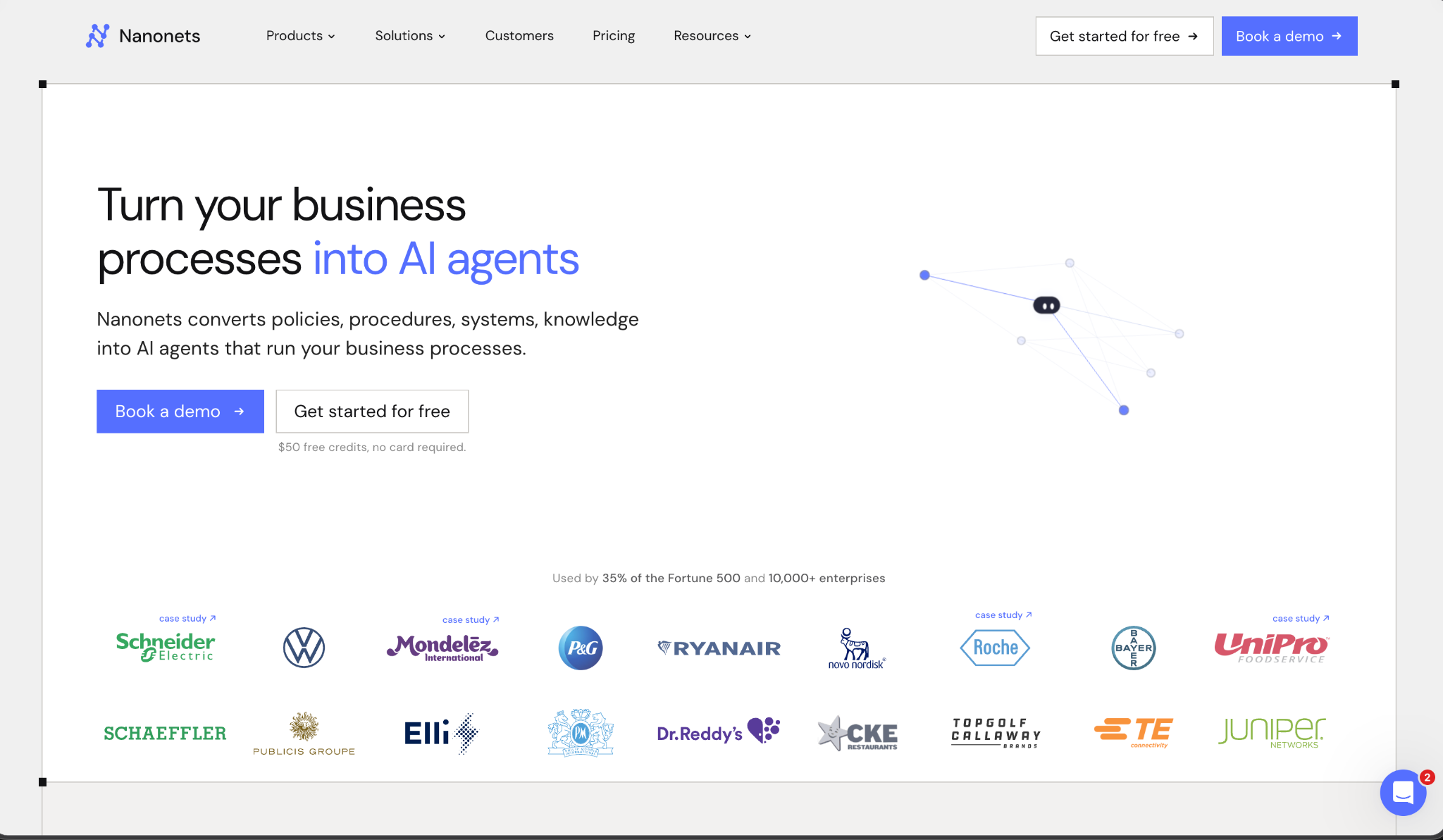 Nanonets homepage hero, Turn your business processes into AI agents, with free credits offer and enterprise customer logos