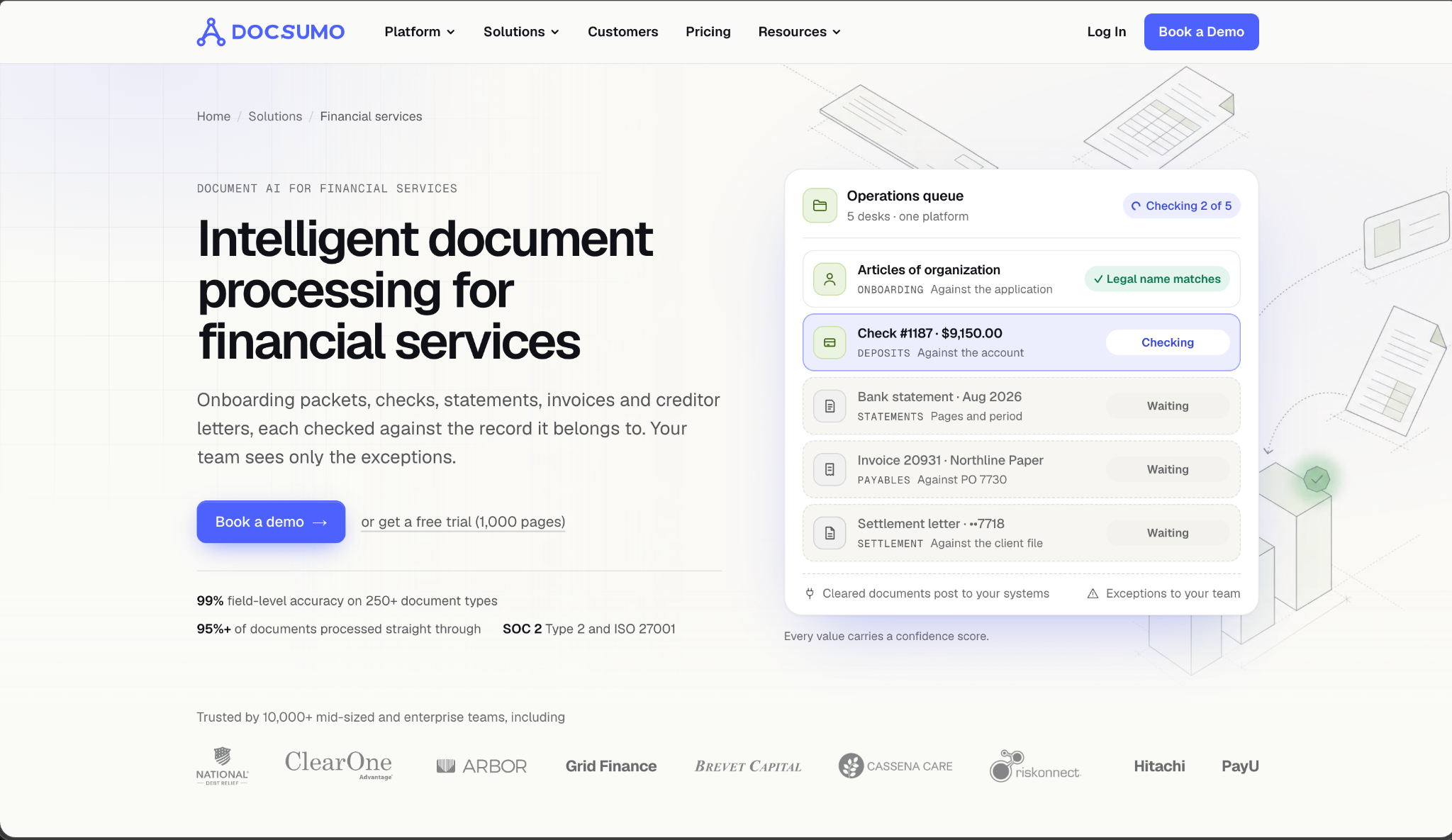 Docsumo financial services page hero for intelligent document processing, with an operations queue checking documents