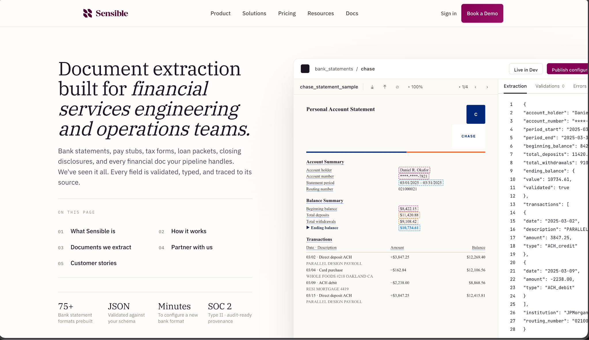 Sensible document extraction platform interface showing extracted financial document data and structured fields
