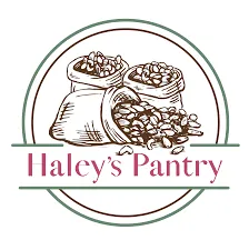 Logo with sacks of beans and grains above the text Haley's Pantry in red script inside a circular border.