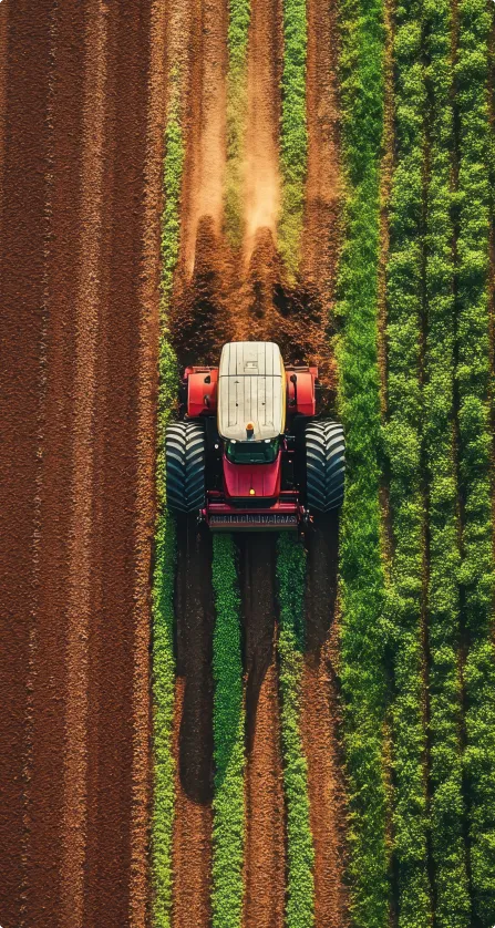 Aerial view of a red tractor plowing brown soil between green crop rows on a farm field.