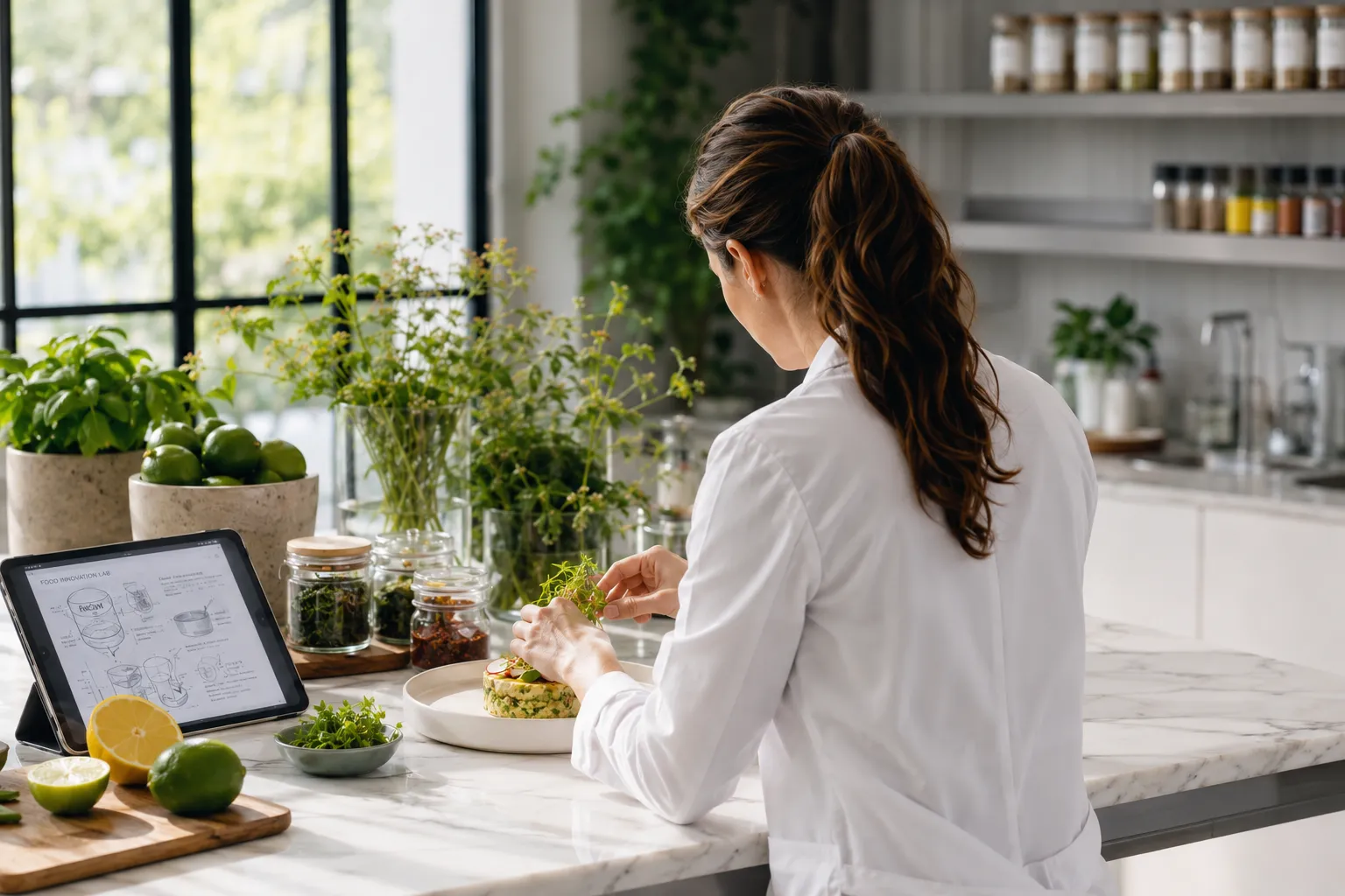 Woman in white coat garnishing food with herbs in a bright kitchen with fresh ingredients and tablet display.