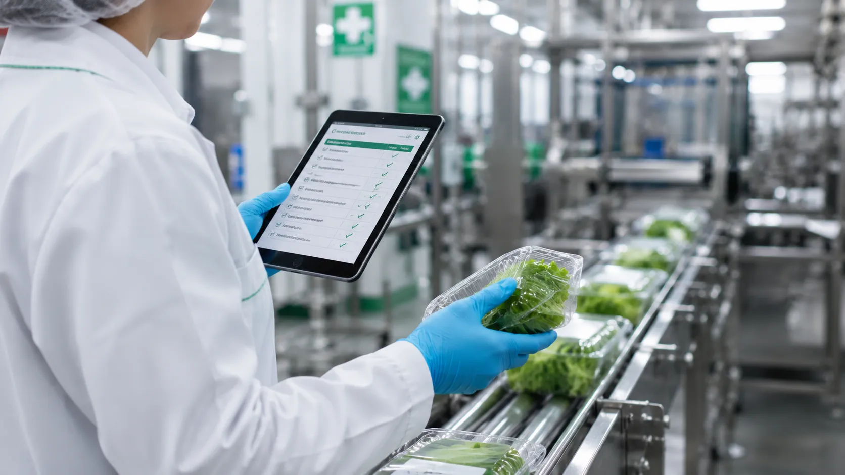Food safety inspector in gloves checks packaged lettuce and tablet checklist on production line.