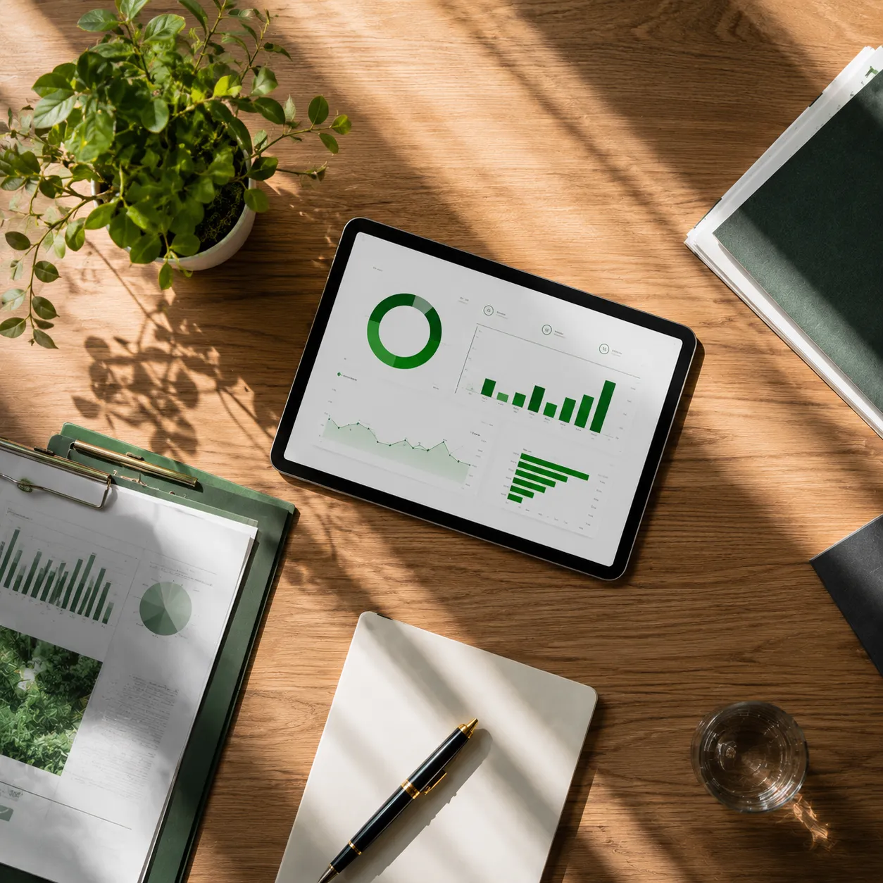 Tablet showing green charts and graphs on a desk with plant, pen, notebook, papers, and glass of water.