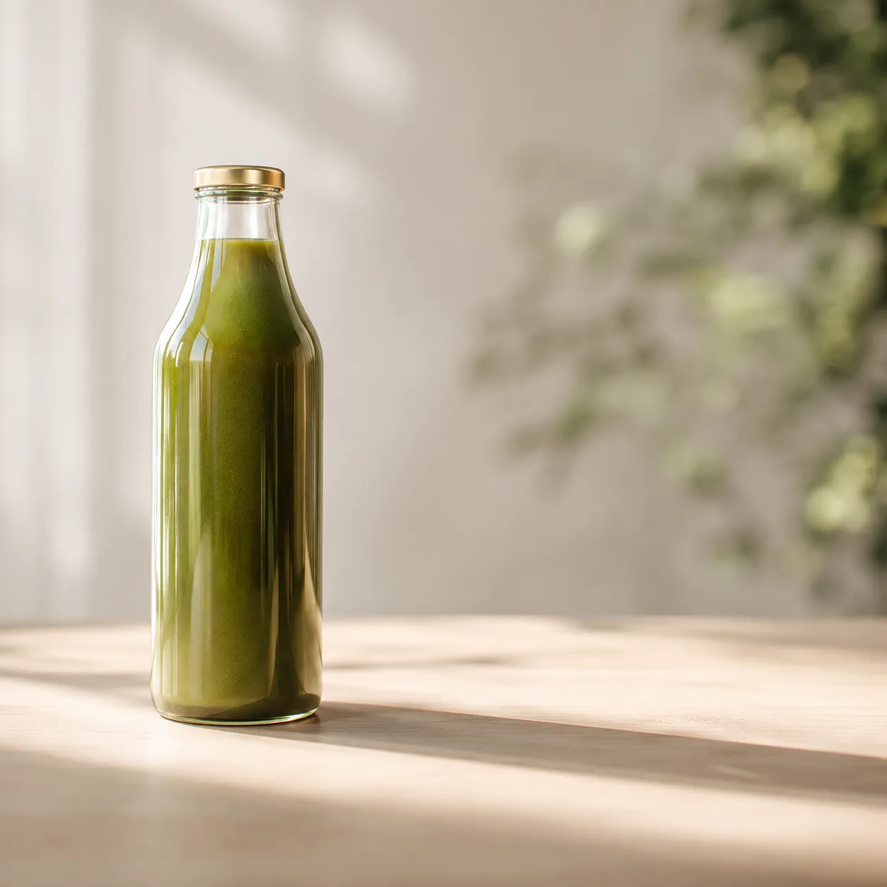 Glass bottle filled with green juice placed on a wooden table with soft natural light.
