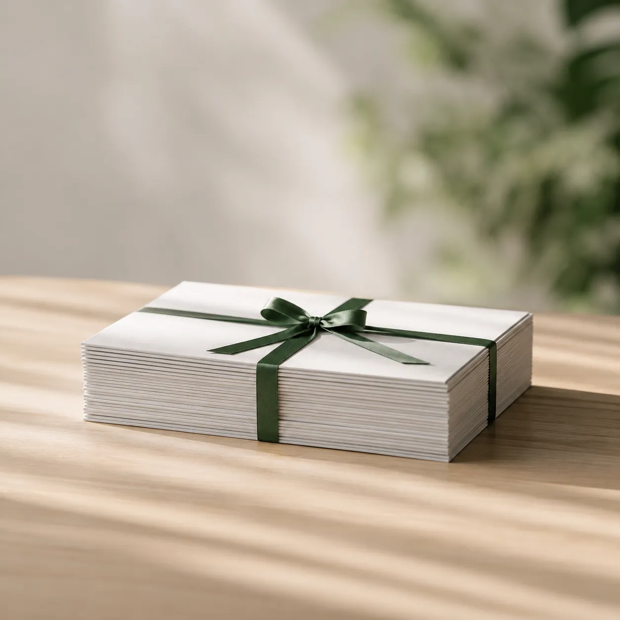 Stack of white envelopes tied with a green ribbon bow placed on a light wooden surface.
