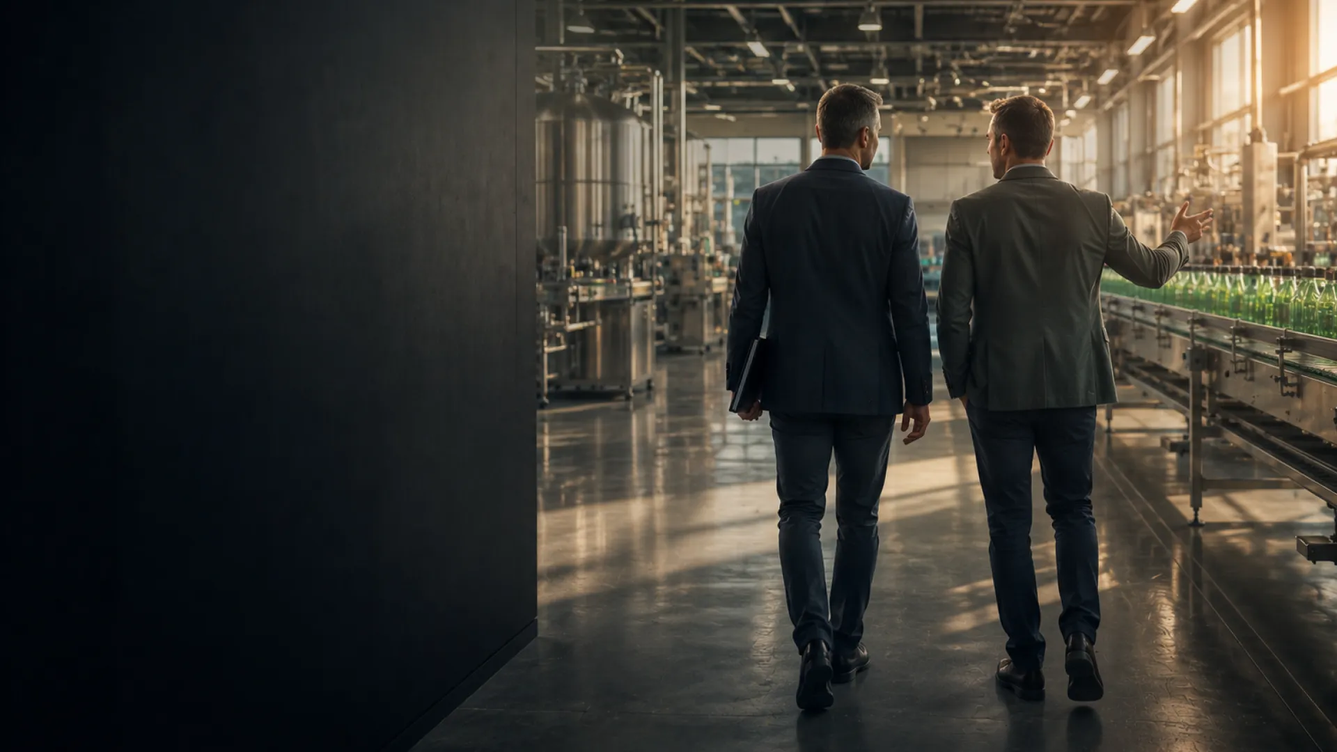 Two businessmen walking through a beverage bottling facility and inspecting the production line.