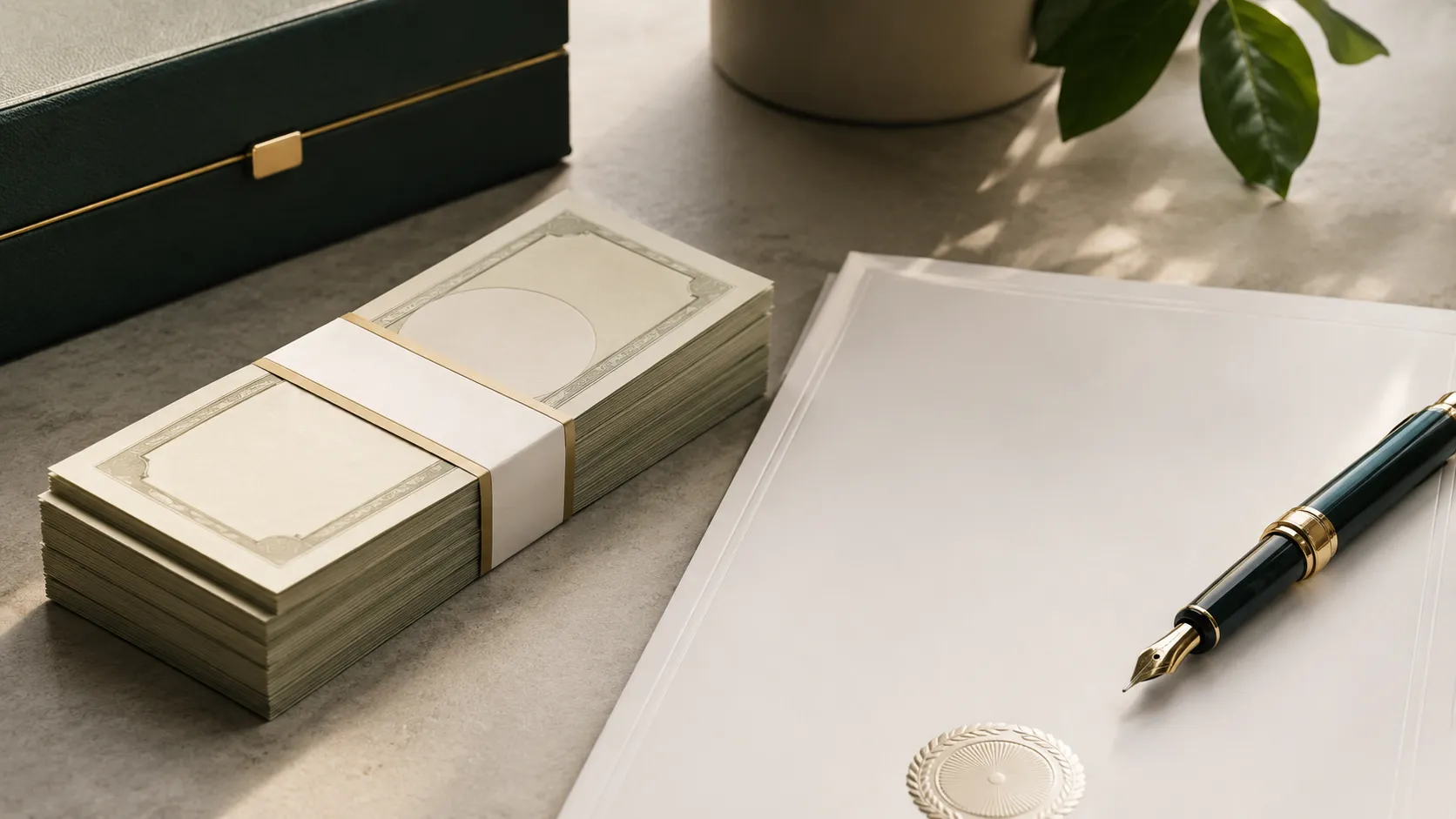 Stack of blank certificates with a fountain pen on a white embossed document on desk.