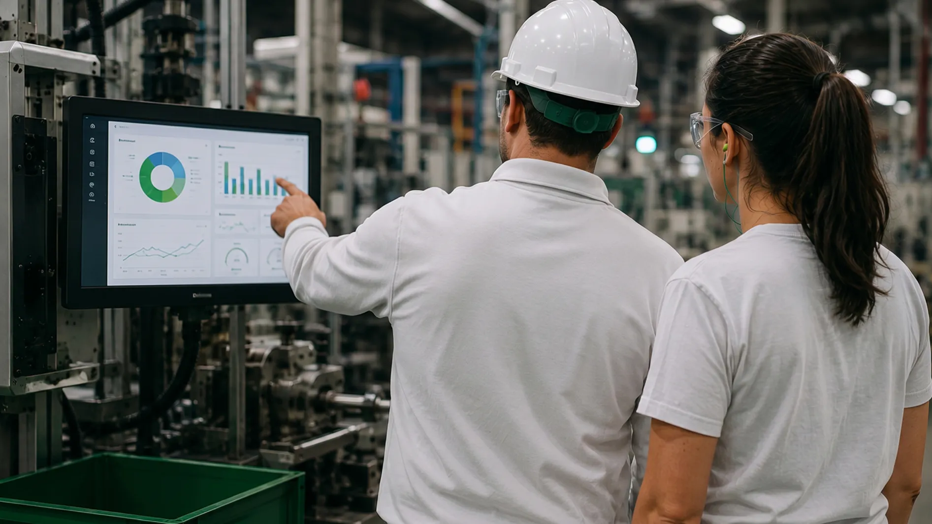 Two factory workers in safety gear reviewing production data on a large digital dashboard.