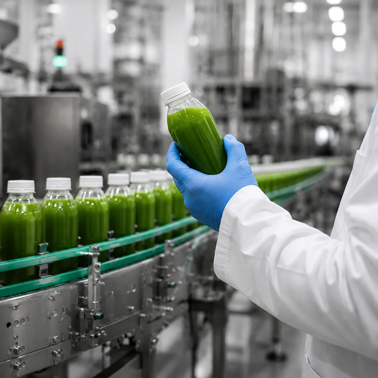 Person in gloves inspecting a green juice bottle on a factory bottling line.