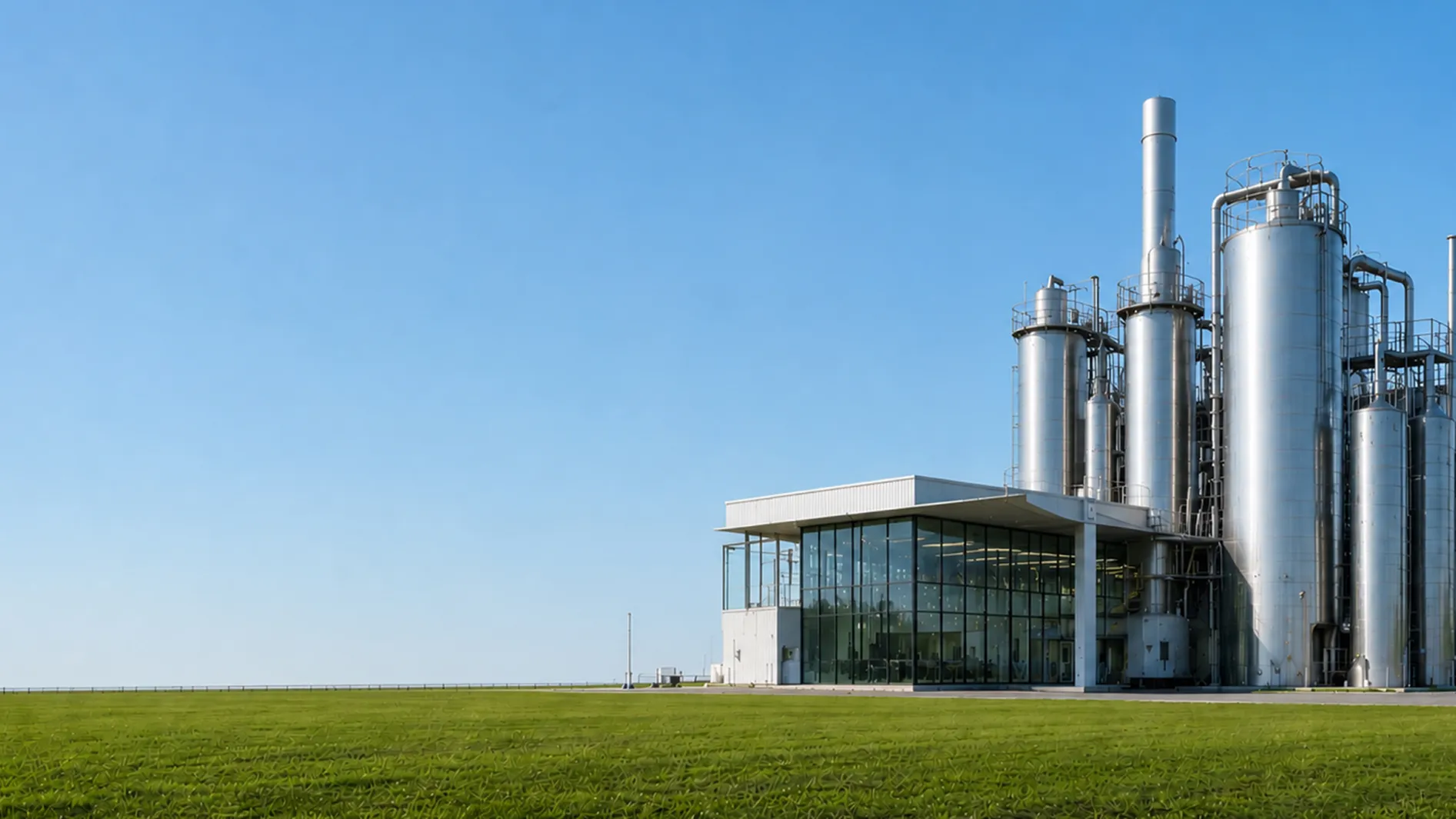 Modern biotech manufacturing facility with large glass front and multiple tall shiny storage tanks.