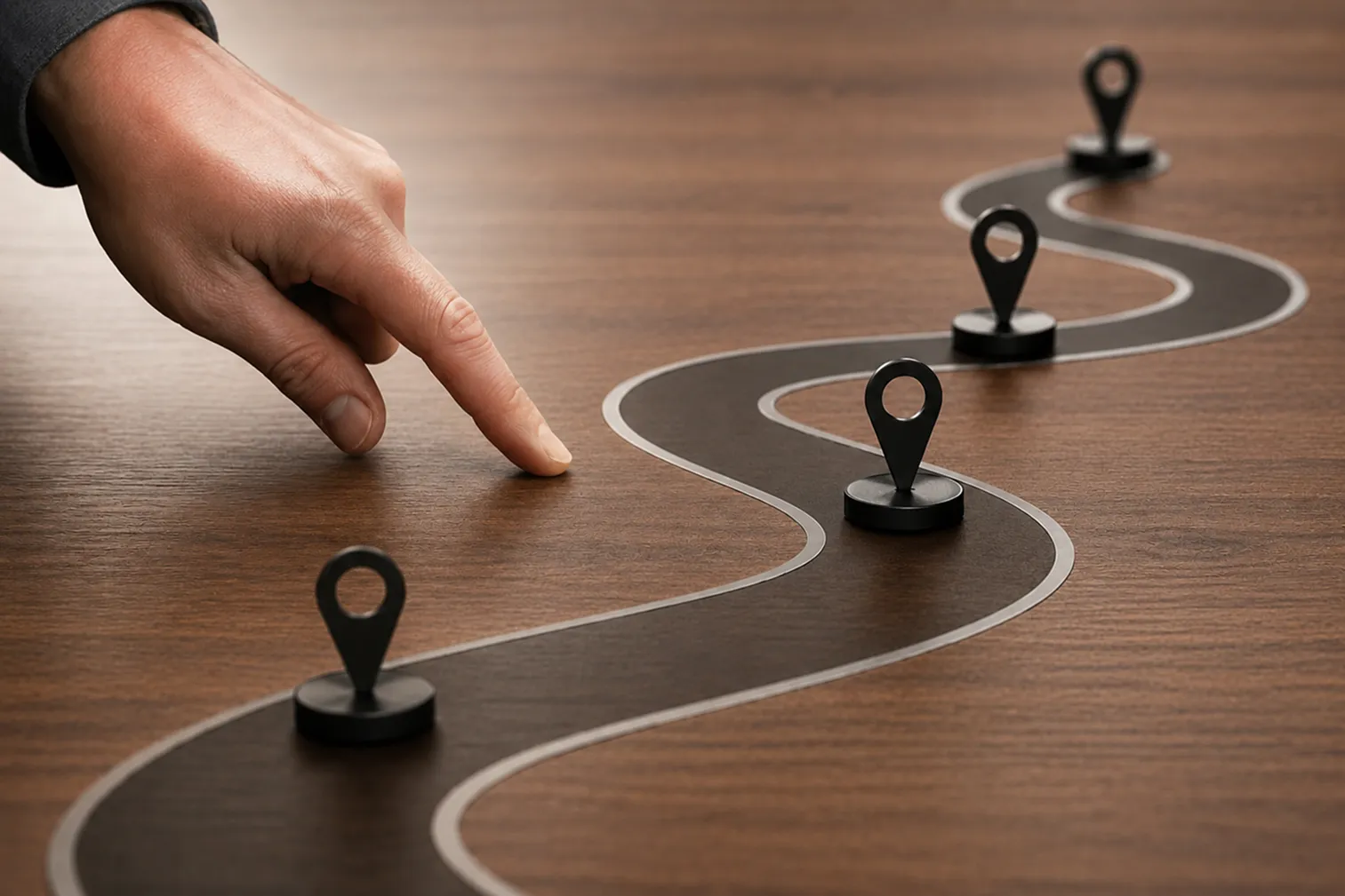 Hand pointing at a curved path with four black location markers on a wooden surface.