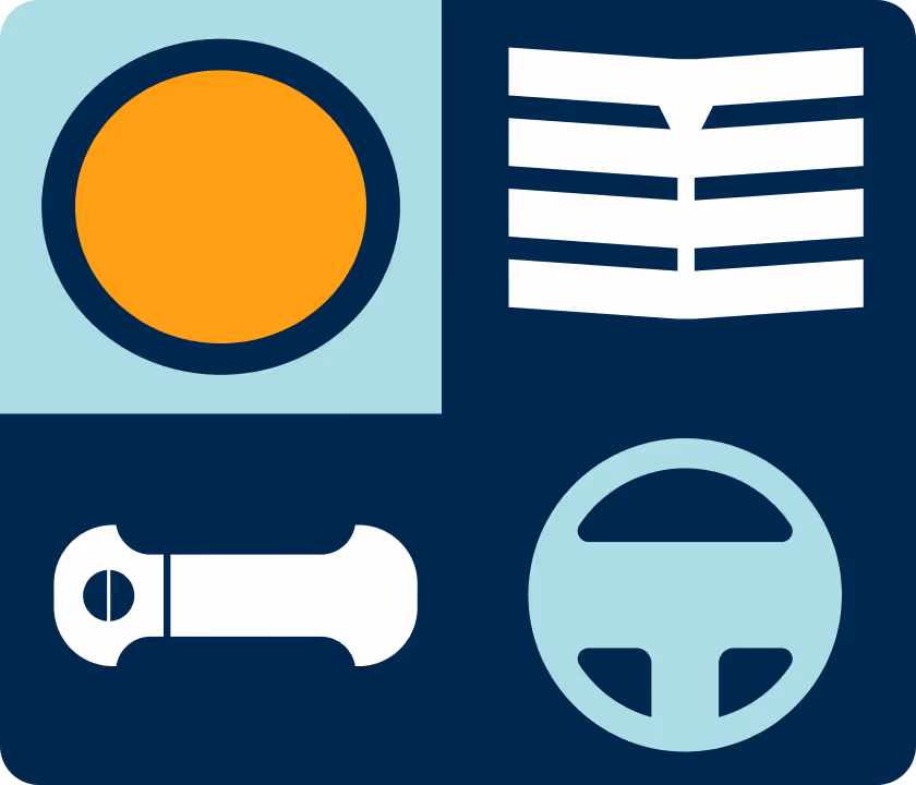Icons representing a steering wheel, car grille, car door handle, and an orange circle inside a blue-bordered square.