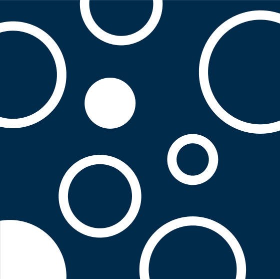 Dark blue square with rounded corners featuring various white circles and ring shapes of different sizes scattered across it.