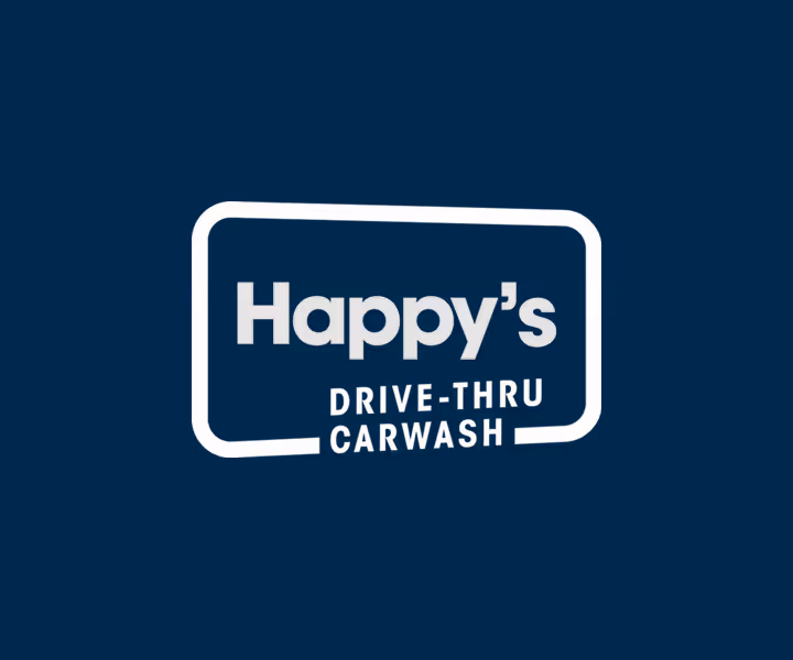 Happy’s Drive-Thru Carwash logo with white text on a dark blue background inside a rounded rectangle frame.