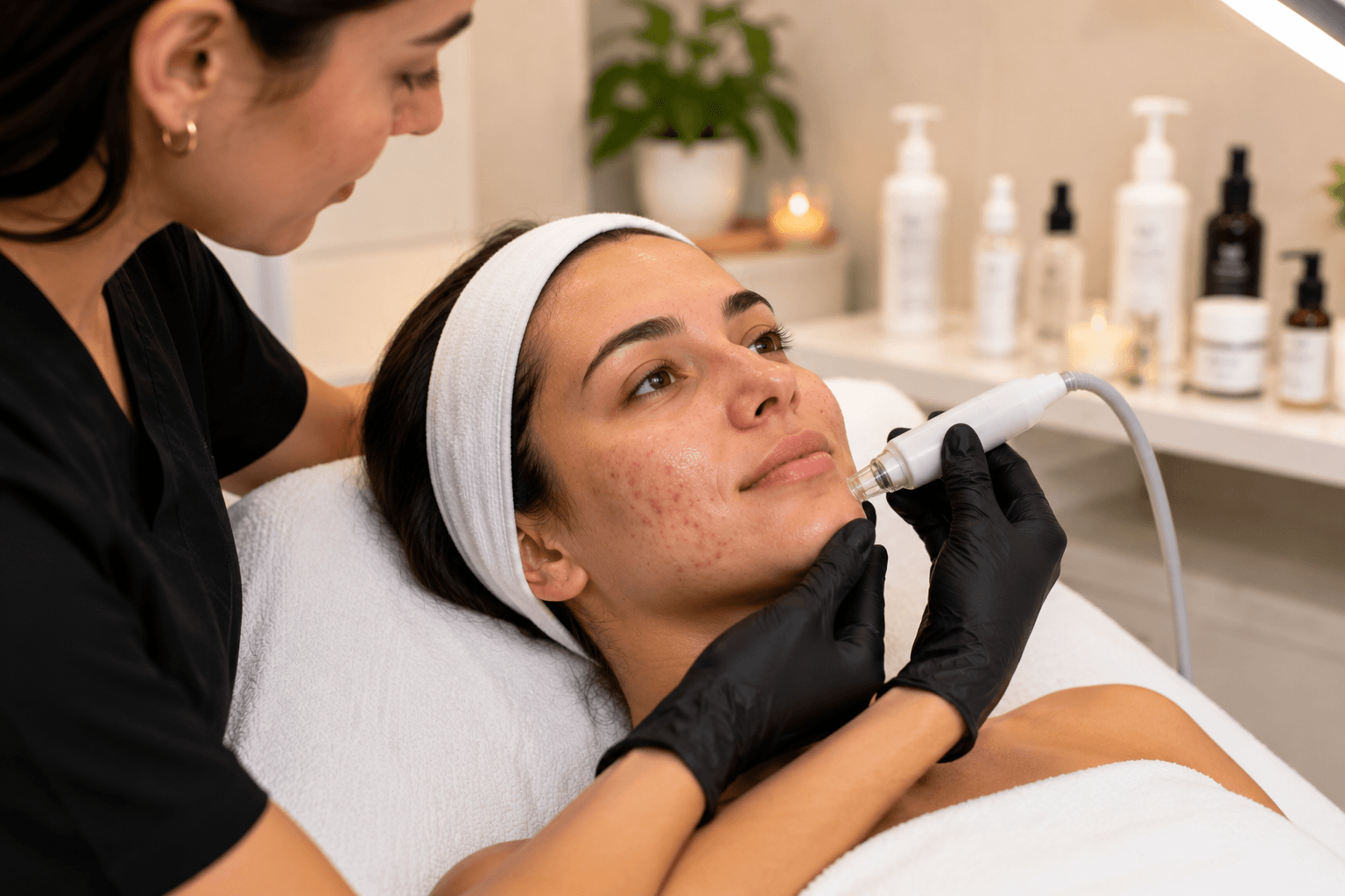 Esthetician performing an acne treatment facial at a Gold River, CA skincare studio