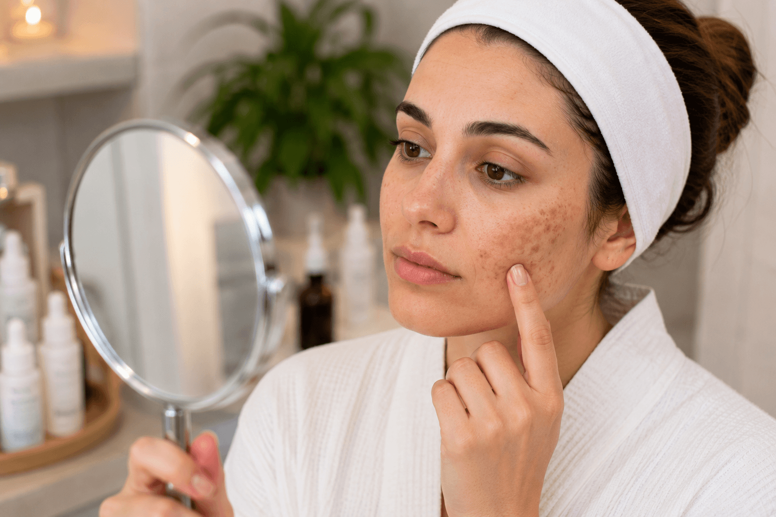 Esthetician examining hyperpigmentation and dark spots during a skin consultation in Gold River, CA
