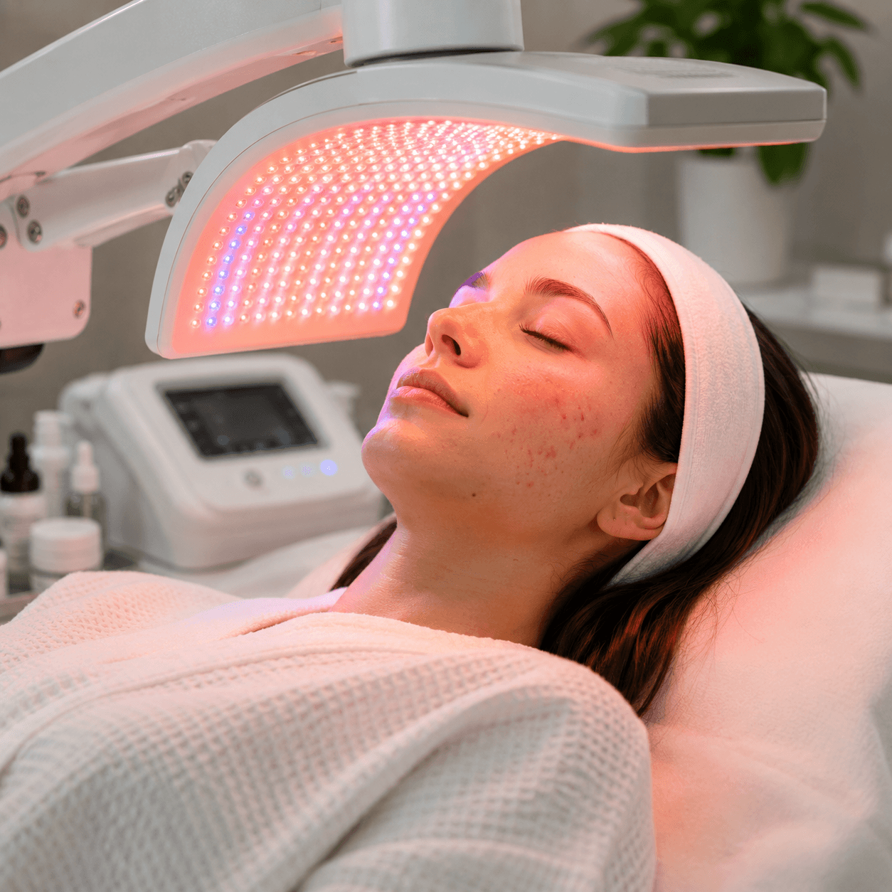 Client receiving LED light therapy treatment for acne and aging skin at a studio in Gold River, CA