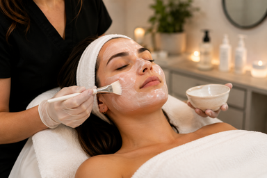 Client receiving a clinical facial treatment for acne and skin concerns at a facial clinic in Gold River, CA