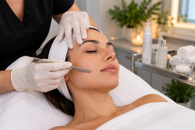  Esthetician performing a dermaplaning treatment on a client's cheek near Sacramento