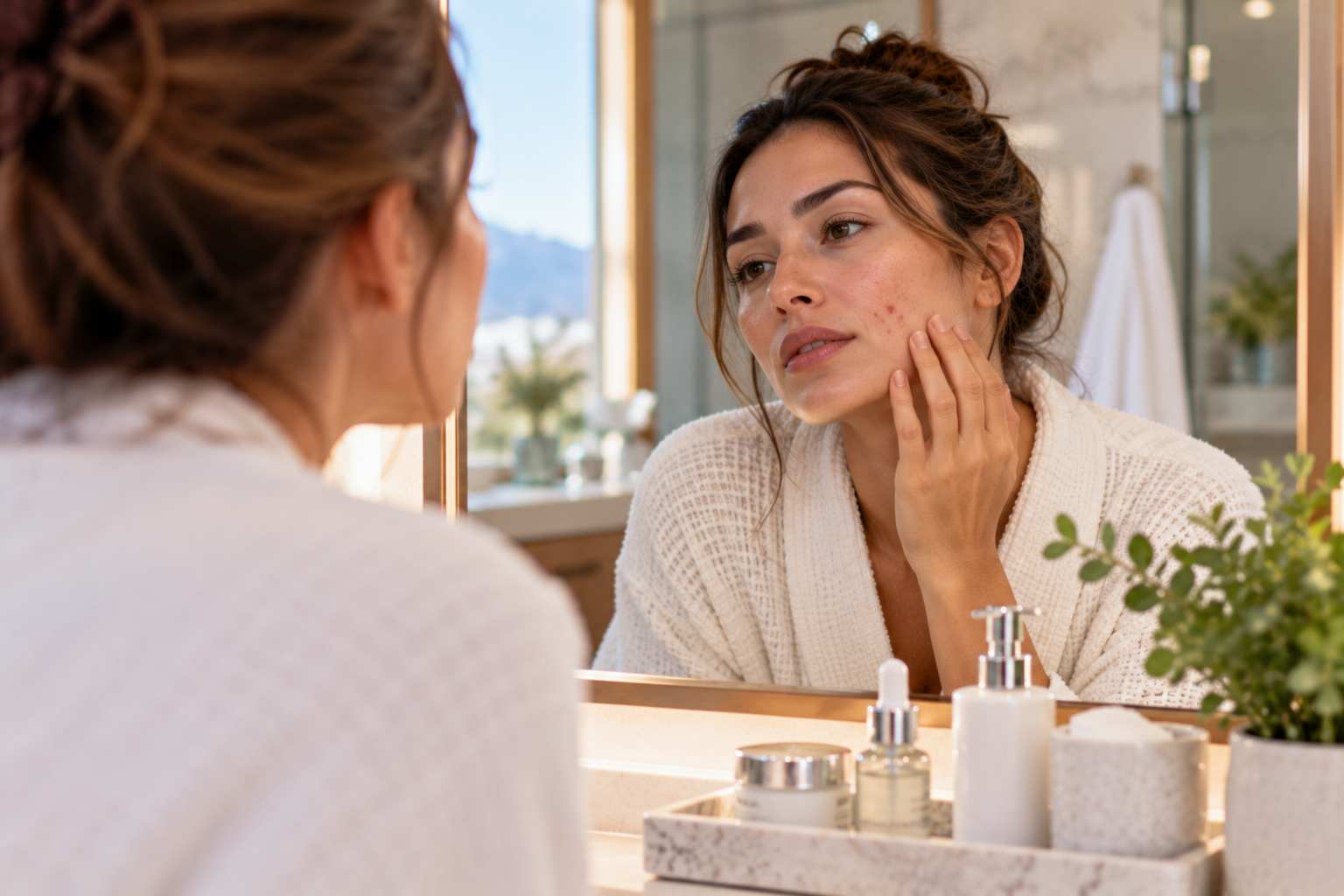 Adult woman examining breakouts along her jawline in a bathroom mirror