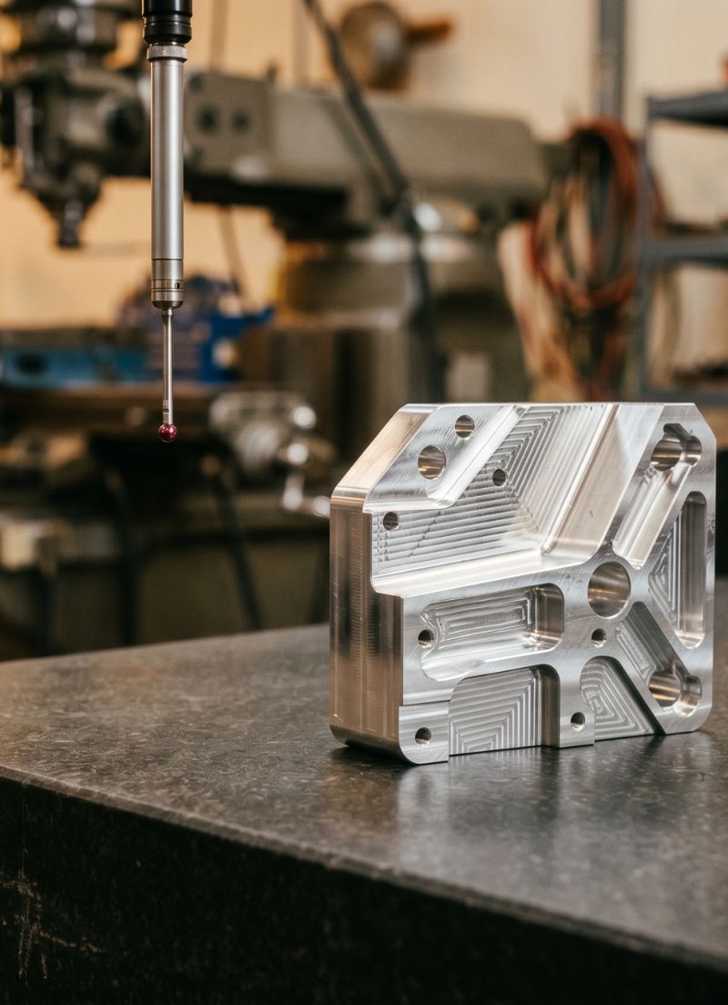 CNC machine probe inspecting a precision-machined aluminum metal part on a work surface.