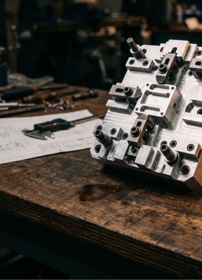 Close-up of a precision metal machining part on a wooden workbench with technical drawings and a caliper in the background.