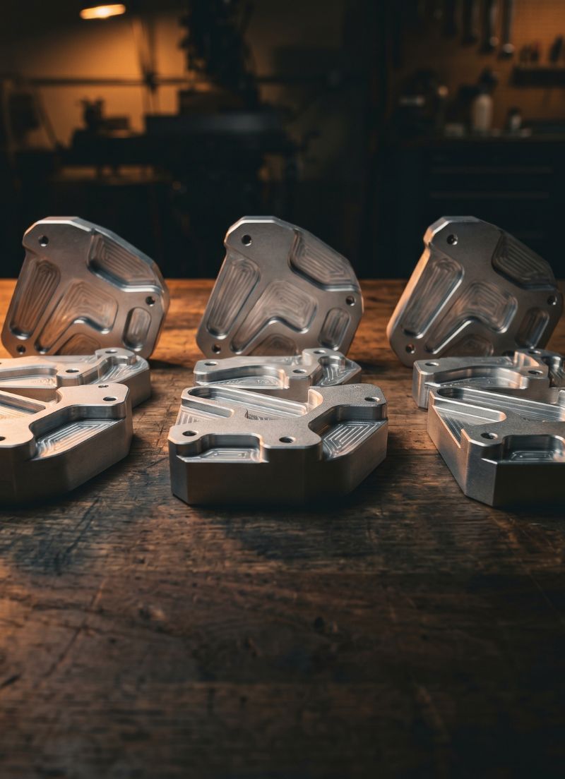Six machined metal parts with intricate geometric patterns arranged on a wooden workbench in a dimly lit workshop.