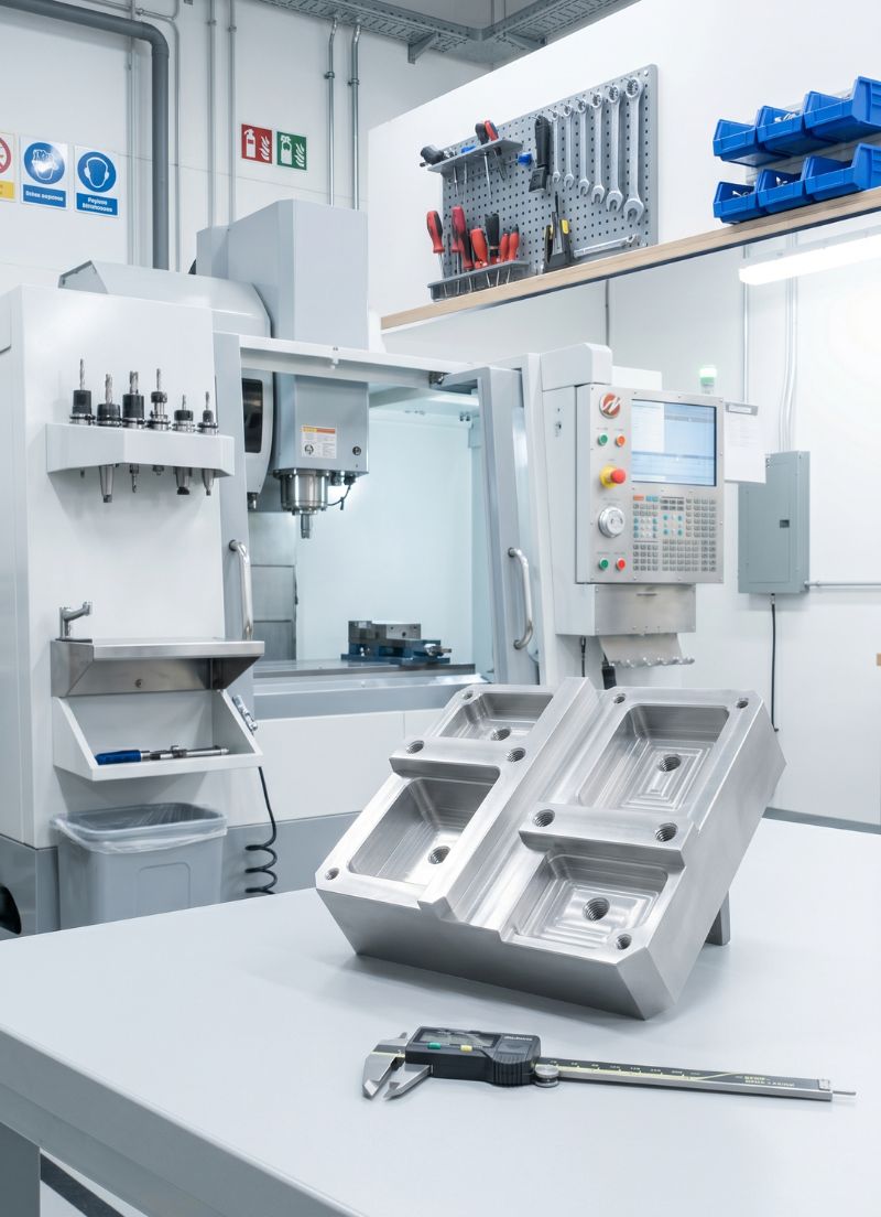 Precision CNC milled aluminum part and digital caliper on a table in a clean industrial workshop with CNC machine and tools in the background.