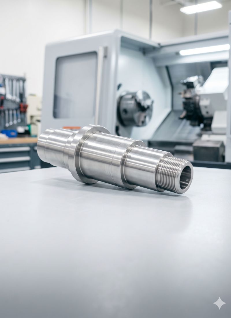 Close-up of a precision machined stainless steel shaft on a white table in a CNC machining workshop.