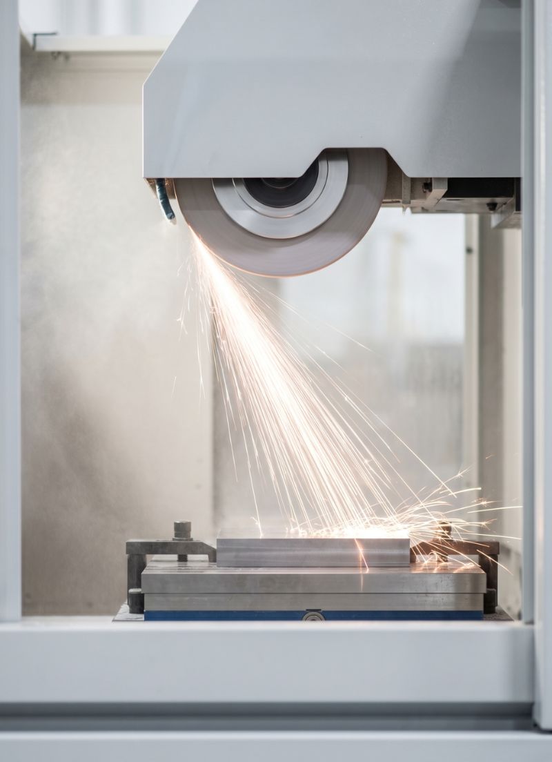 Surface grinding machine producing sparks while grinding a metal workpiece.