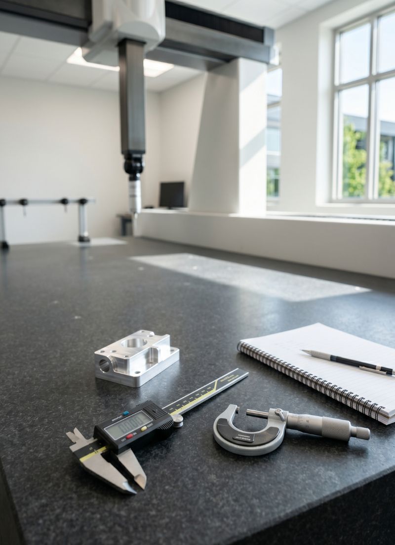 Precision measurement workspace with digital caliper, micrometer, machined metal part, and notebook with pen on a granite surface.