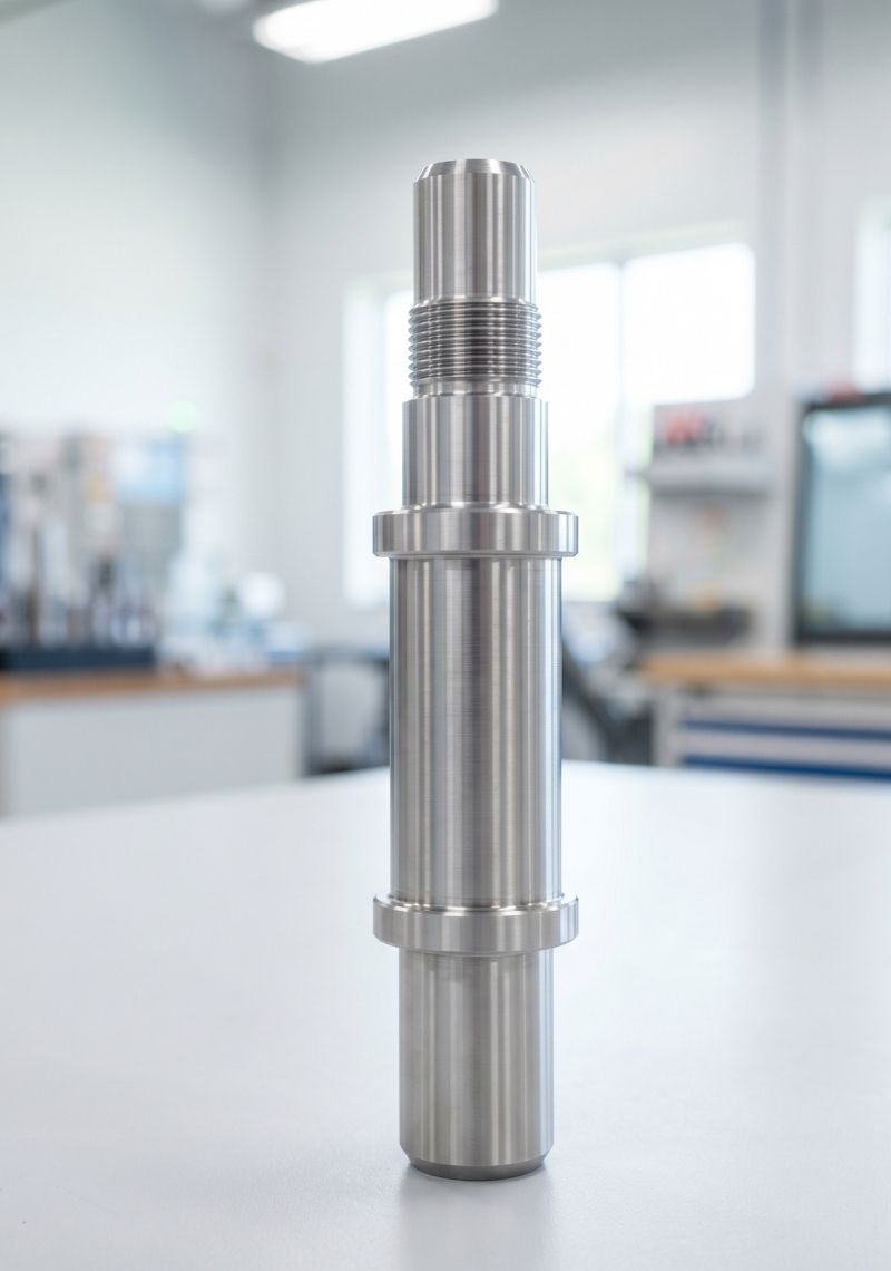 Polished stainless steel CNC turned shaft standing vertically on a white surface with a blurred workshop background.