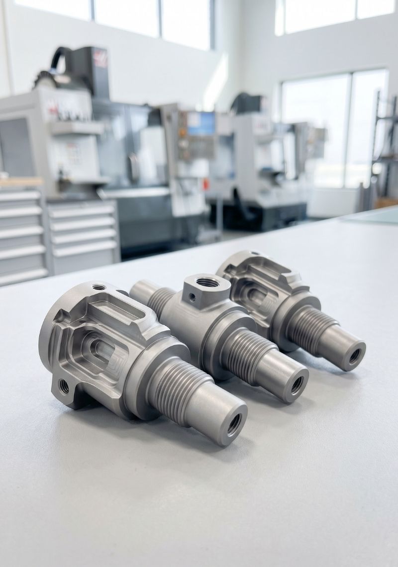 Three precision-machined metal parts with threaded ends placed on a table in a brightly lit industrial workshop.