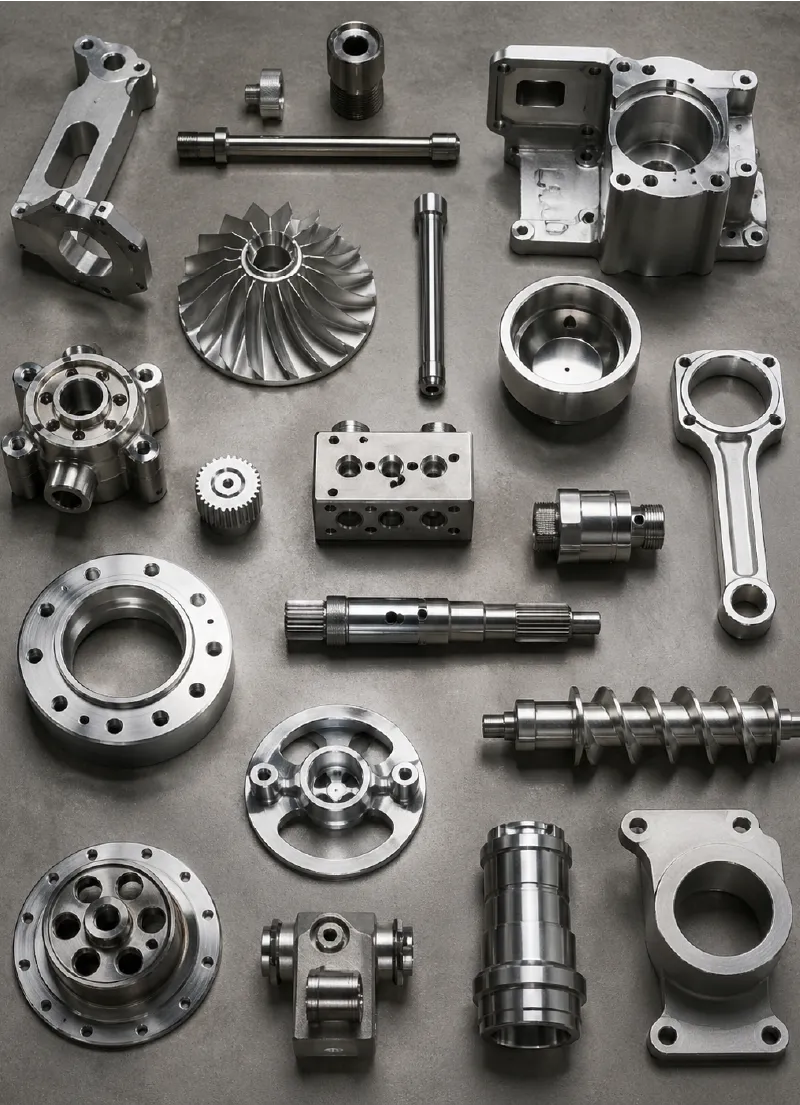 Assorted precision machined metal parts arranged on a gray surface for industrial applications.