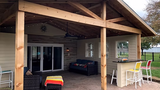 Custom outdoor living pavilion built by Knot Just Decks